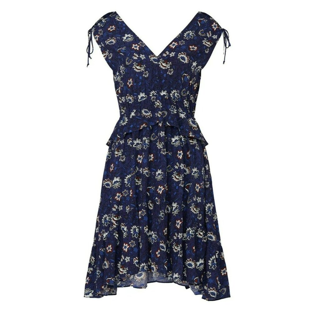 Thakoon Collective Navy Lotus Printed Dress Sz 6 V-Neck Ruffled High-Low Hem